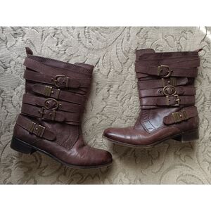 Nine West Dark Brown Buckle Strap Moto Boots